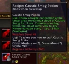 Caustic Smog Potion: Hurls a volatile chemical mixture that eats away at enemy armor in an area effect.