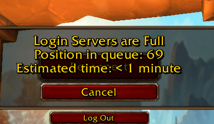 World of Warcraft character select screen showing a persistent World Server Down error message