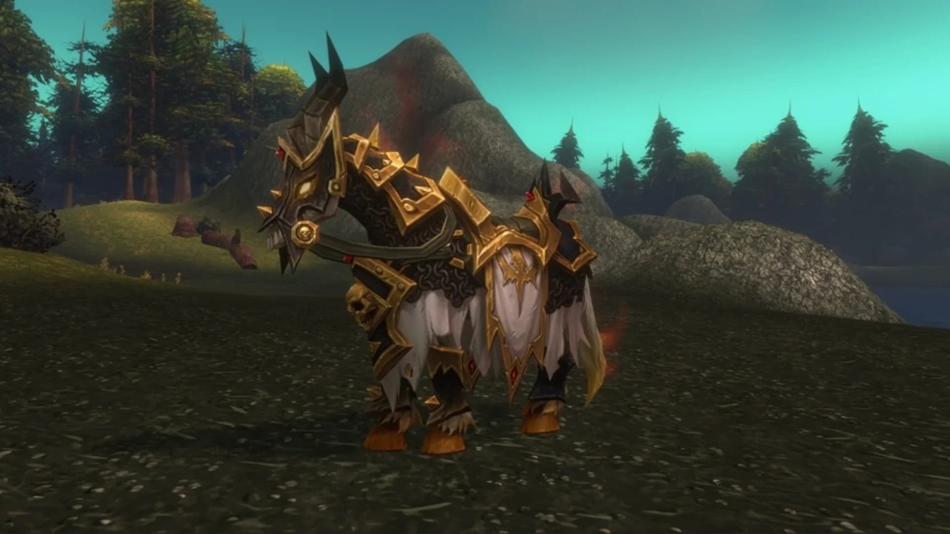 An armored skeletal undead paladin mount standing in a dark, atmospheric zone with a teal sky