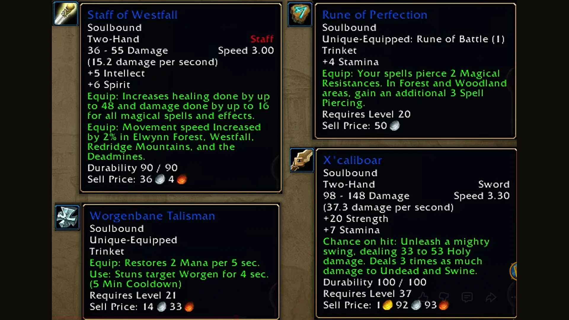 Four World of Warcraft item tooltips showing biome-specific and situational effects, including spell piercing bonuses in forest areas and bonus damage against Undead and Swine