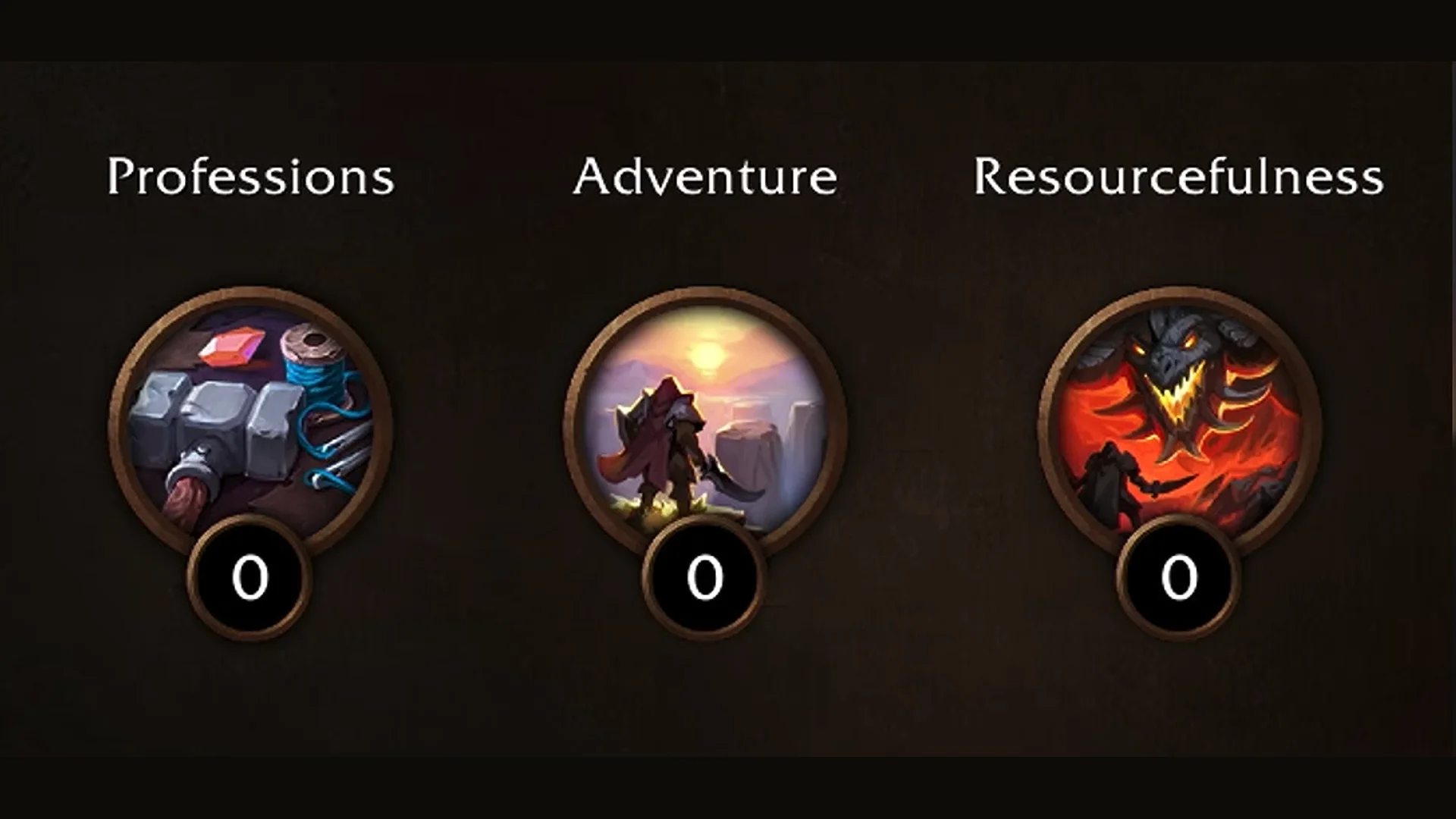 Three Legacy tree selection icons: Professions, Adventure, and Resourcefulness, each showing 0 points spent