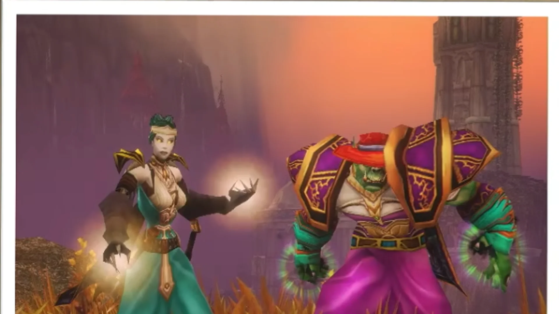 Two World of Warcraft characters wearing visually mismatched gear -- a green robe and a purple-and-pink clashing outfit