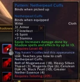 Netherpearl Cuffs: Dark, pearl-accented cloth pieces boosting shadow potency.
