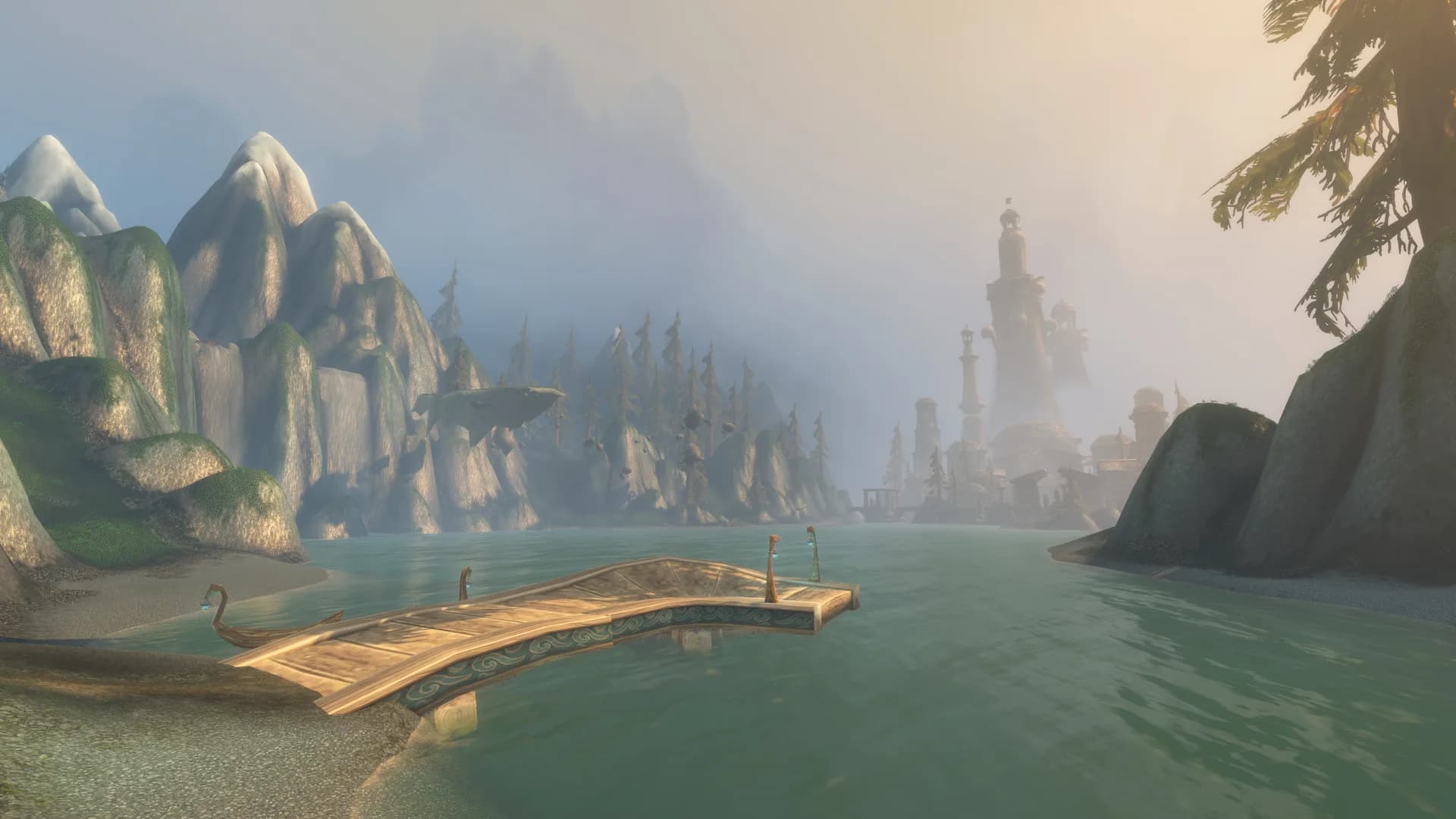 A wooden dock stretching across a misty lake toward a distant elven city built against towering cliffs