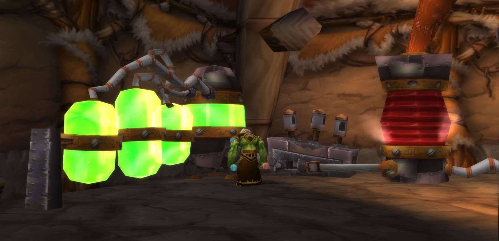 A collection of bubbling glass potion flasks glowing with green, red, and blue liquids on an alchemist's workbench