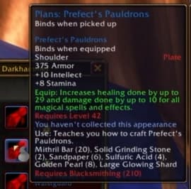 Prefect's Pauldrons: Rare plate items customized for spell-wielding commanders.
