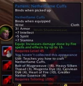 Netherflame Cuffs: Advanced outland-grade cloth armor amplifying volatile fire magic.