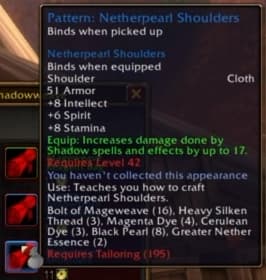 Netherpearl Shoulders: Dark, pearl-accented cloth pieces boosting shadow potency.