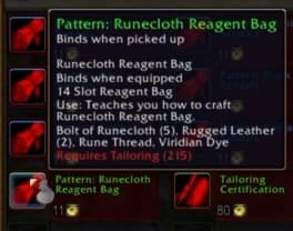 A finely stitched runecloth bag glowing faintly with mystical runes for holding crafting materials